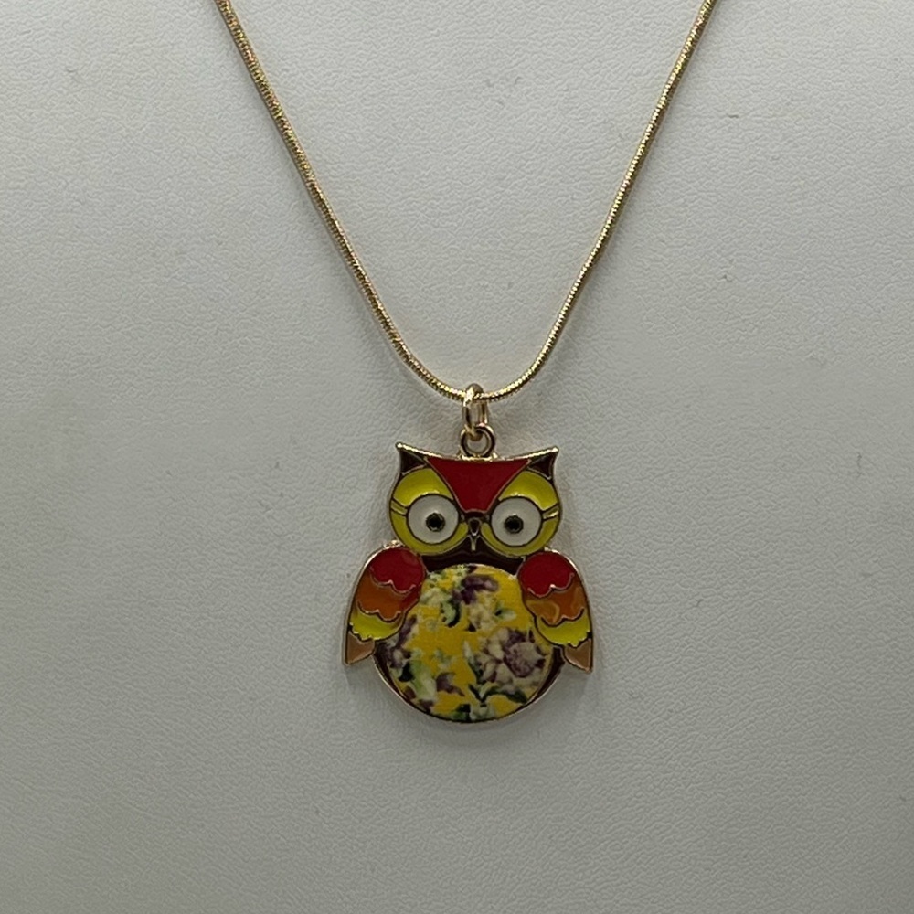 Betsey Johnson Enamel Floral Bright Multicolor Wide‎ Eyed Owl Pendant Necklace